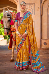 Contrasting Multi colour Patola Saree on silk With Elegant Gold Print | Contrasting saree | Patola Print Saree | Designer Saree